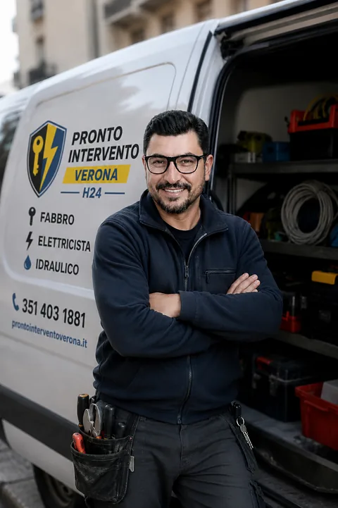 Il tecnico di Pronto Intervento Verona davanti al furgone attrezzato, con il logo e il numero H24: fabbro, elettricista e idraulico