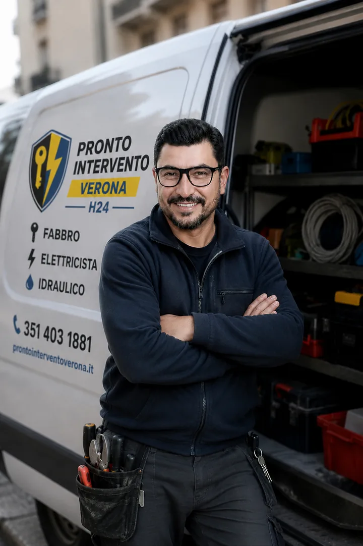 Il tecnico di Pronto Intervento Verona davanti al furgone attrezzato con logo e numero H24: fabbro, elettricista e idraulico, disponibile 24 ore su 24