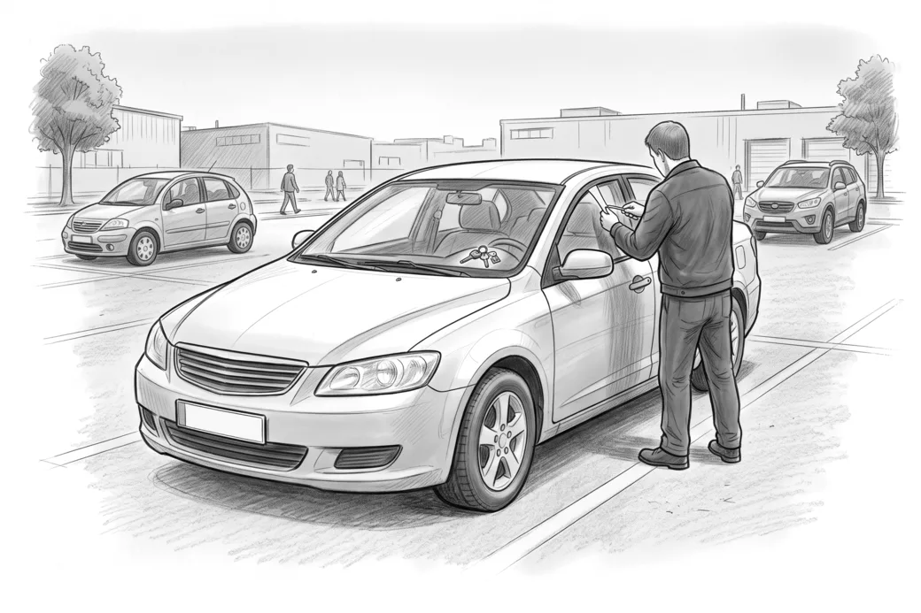 Illustrazione a matita di un’auto chiusa in un parcheggio, con le chiavi dimenticate sul cruscotto e un tecnico che apre la portiera con un attrezzo sottile