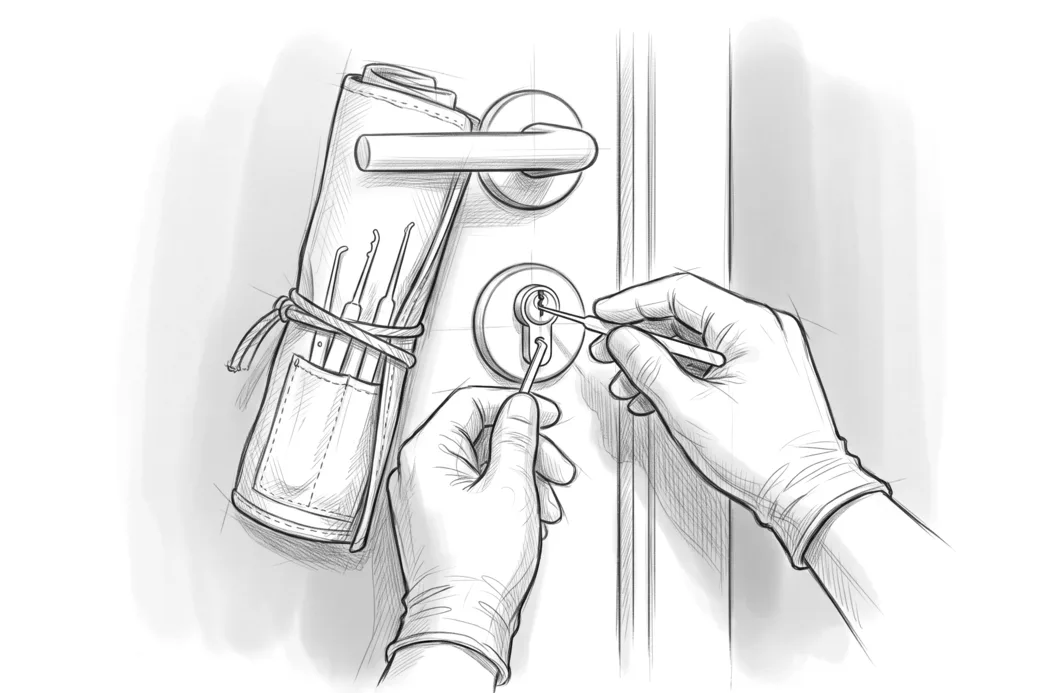 Illustrazione a matita di due mani che lavorano con attrezzi sottili nel cilindro di una porta, con il rotolo degli attrezzi appeso alla maniglia