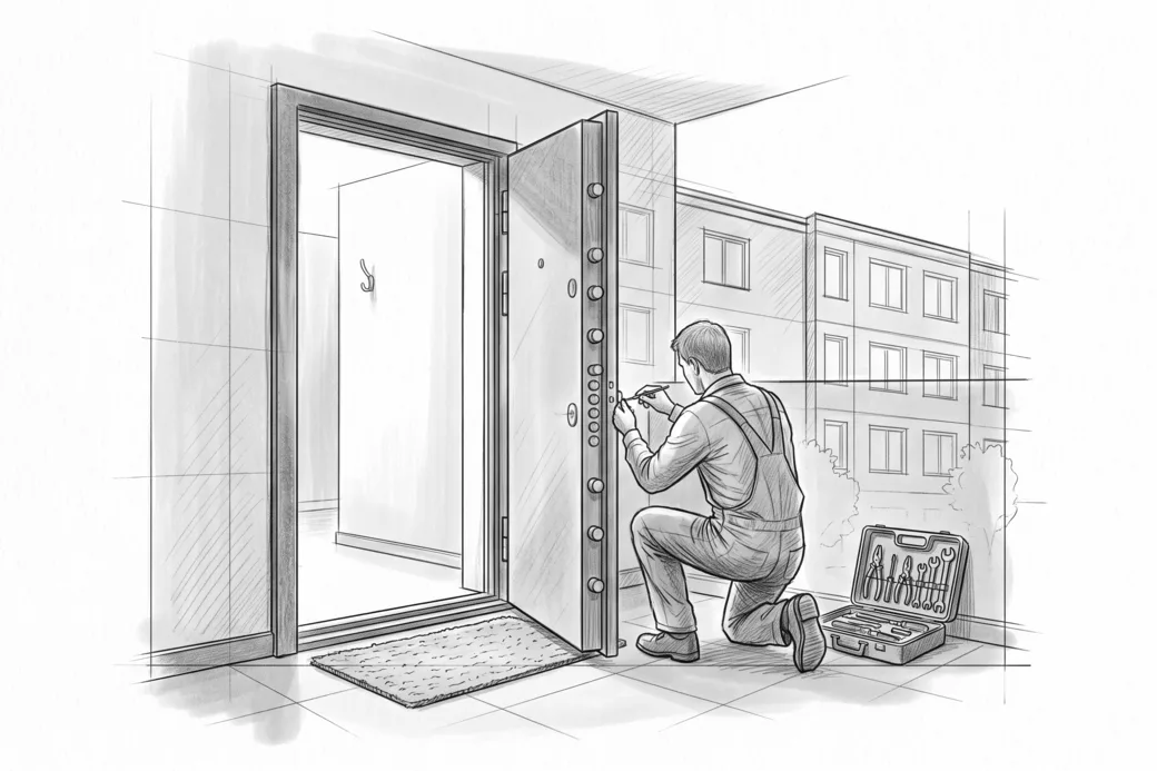 Illustrazione a matita di una porta blindata aperta sul pianerottolo, con i catenacci d'acciaio sul bordo e il tecnico che lavora sul cilindro
