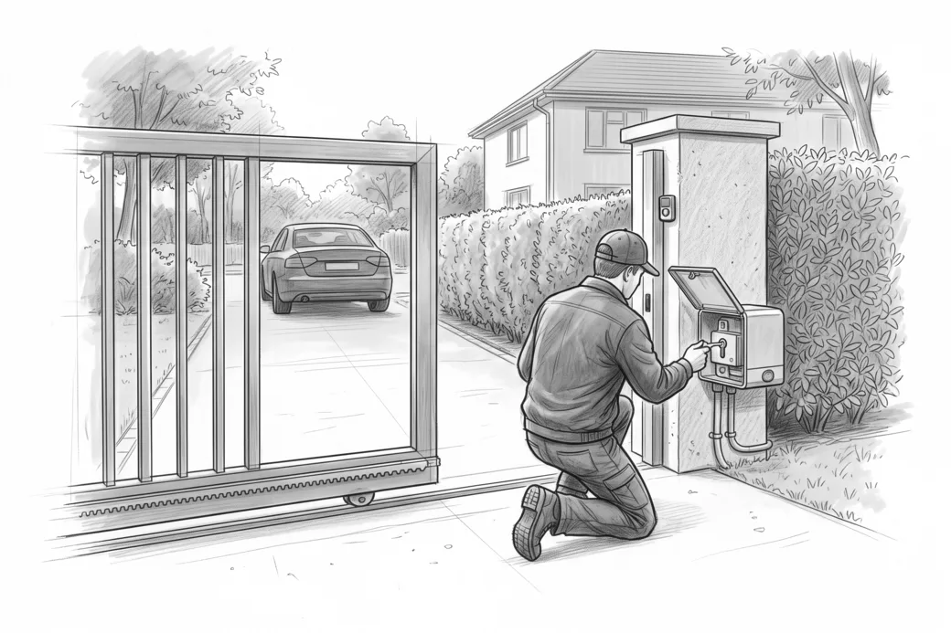 Illustrazione a matita di un cancello scorrevole fermo a metà su un vialetto, con un tecnico inginocchiato al motoriduttore che inserisce la chiave di sblocco