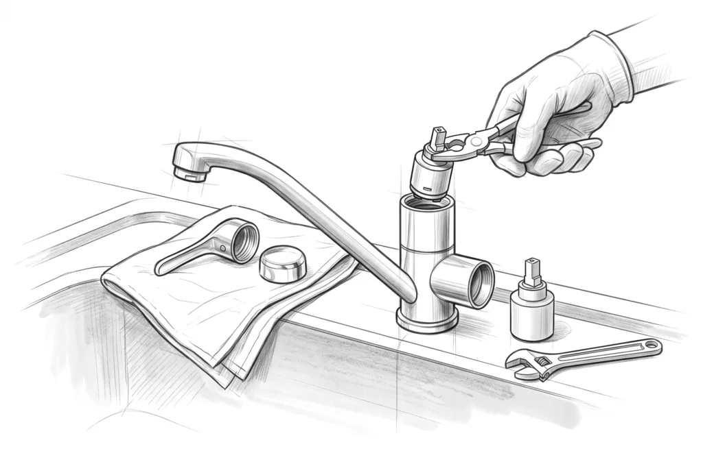 Illustrazione a matita di un miscelatore smontato con la cartuccia ceramica estratta con la pinza