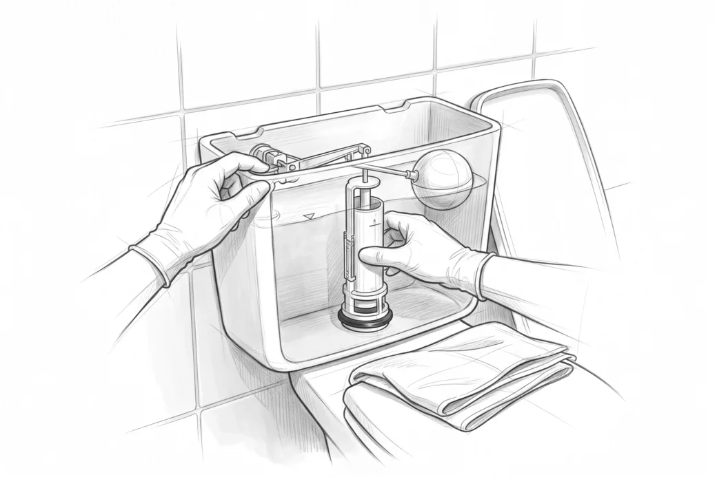 Illustrazione a matita di una cassetta del wc aperta con il galleggiante e la valvola di scarico in vista