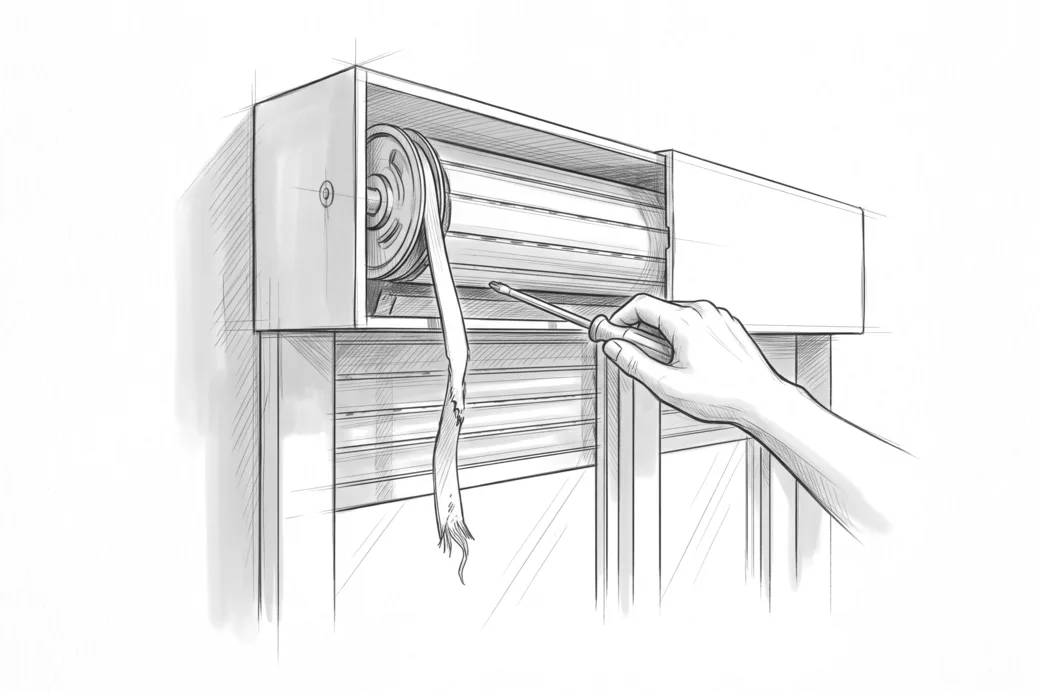 Illustrazione a matita di un cassonetto di tapparella aperto con la cinghia rotta che pende dal rullo