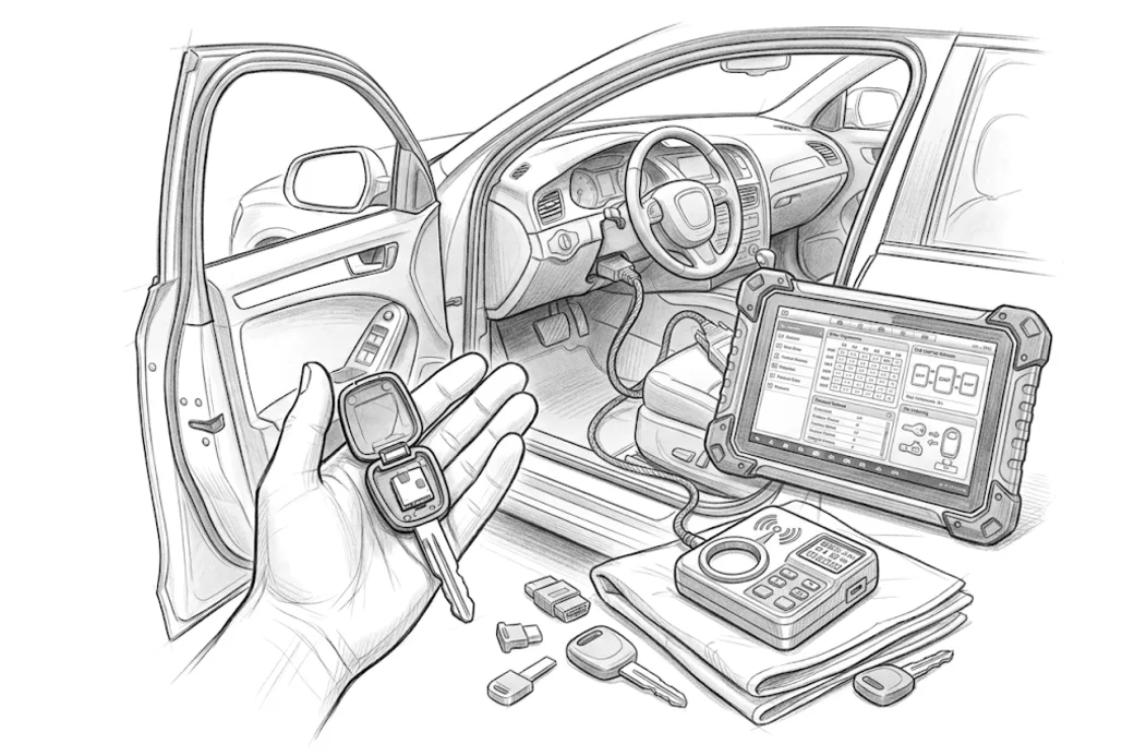 Illustrazione a matita della creazione di una chiave auto nuova: la chiave aperta sul transponder in mano, il tablet diagnostico collegato alla presa dell’auto, il programmatore e i chip sul panno