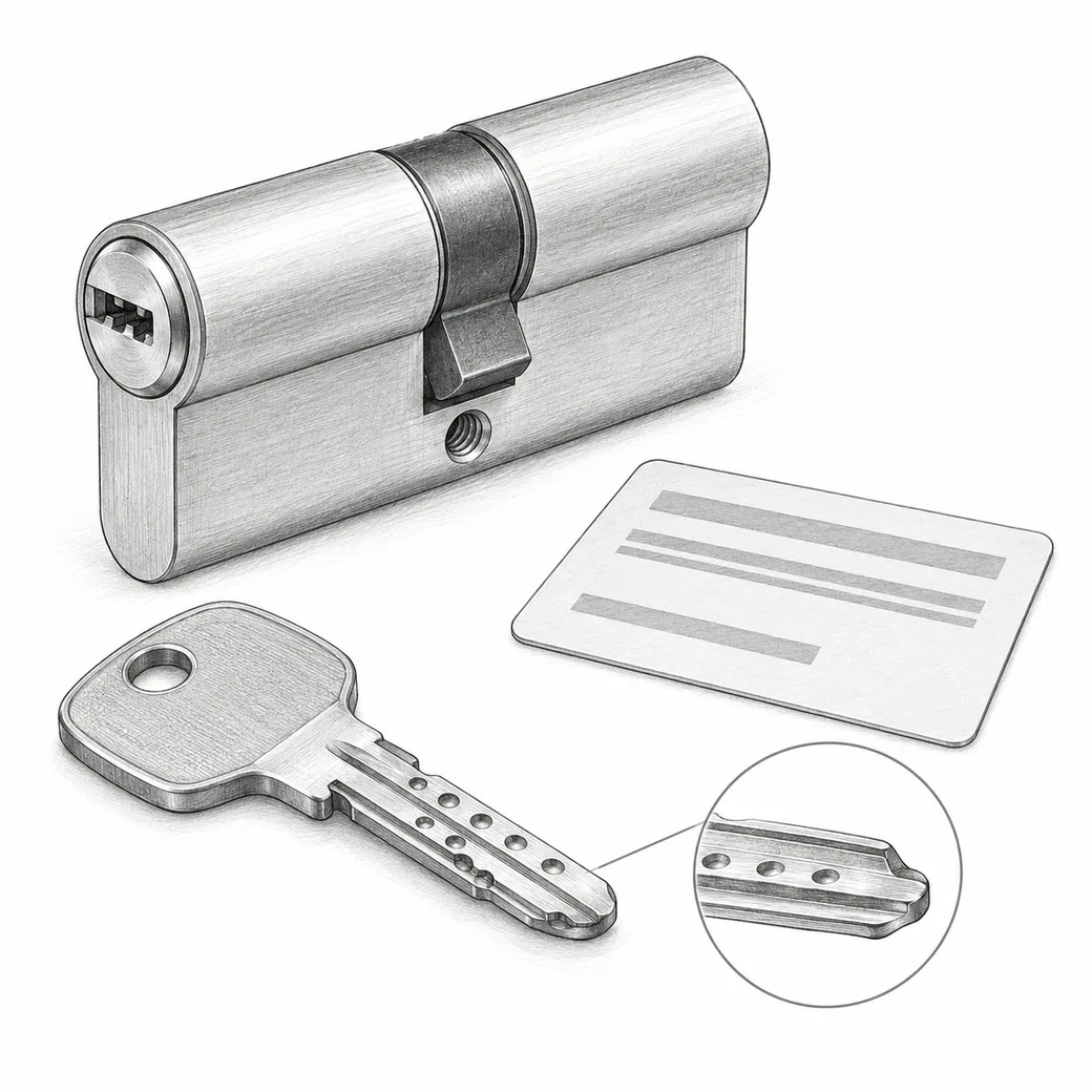 Schizzo di un cilindro europeo, di una chiave di sicurezza e di una tessera, esempio illustrativo della fascia alta sicurezza
