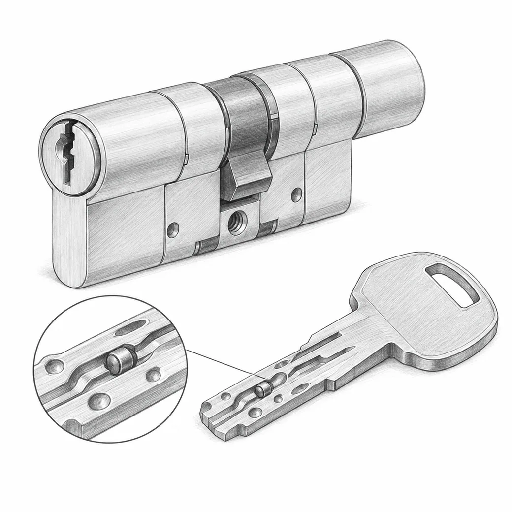 Schizzo di un cilindro europeo e di una chiave con lavorazioni complesse, esempio illustrativo della fascia massima sicurezza
