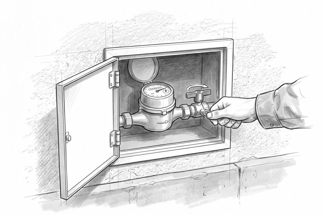 Illustrazione a matita dello sportello del contatore dell'acqua aperto, con una mano che ruota il rubinetto generale