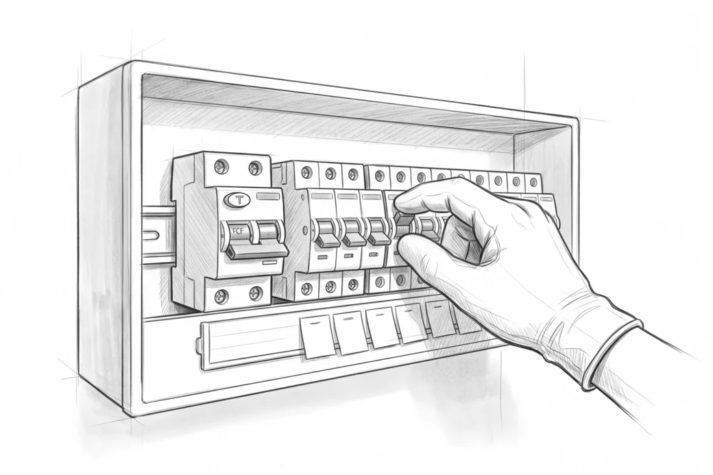 Illustrazione a matita di un quadro elettrico con il differenziale abbassato e una mano accanto agli interruttori