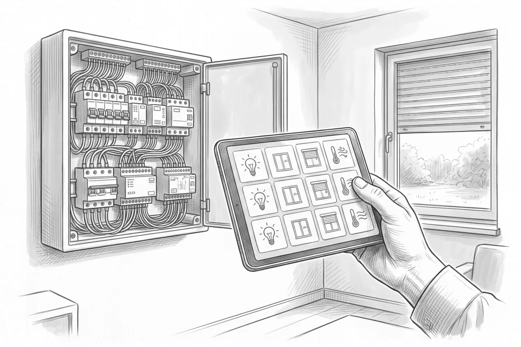 Illustrazione a matita di un quadro elettrico aperto con moduli domotici e di una mano che regge un tablet con i comandi della casa