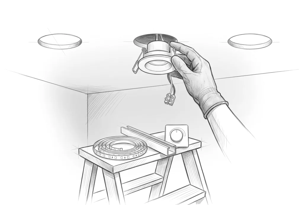 Illustrazione a matita di una mano che incassa un faretto nel controsoffitto, con striscia LED e dimmer appoggiati sulla scala
