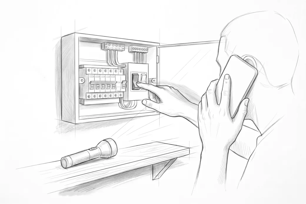 Illustrazione a matita di una mano che abbassa l’interruttore generale al buio mentre l’altra tiene il telefono all’orecchio