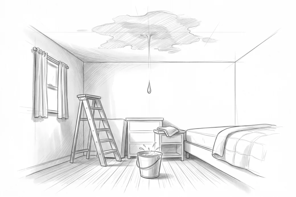 Illustrazione a matita di una macchia d'umidità sul soffitto con una goccia che cade in un secchio e una scala appoggiata