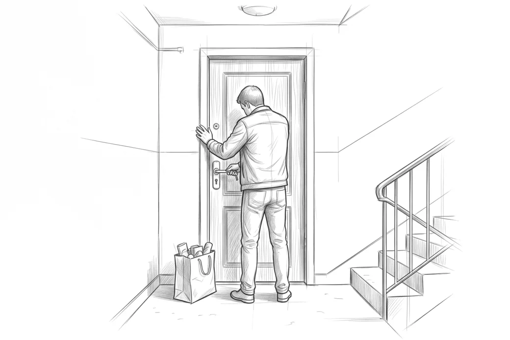 Illustrazione a matita di una persona sul pianerottolo davanti alla porta chiusa, con la chiave che non gira