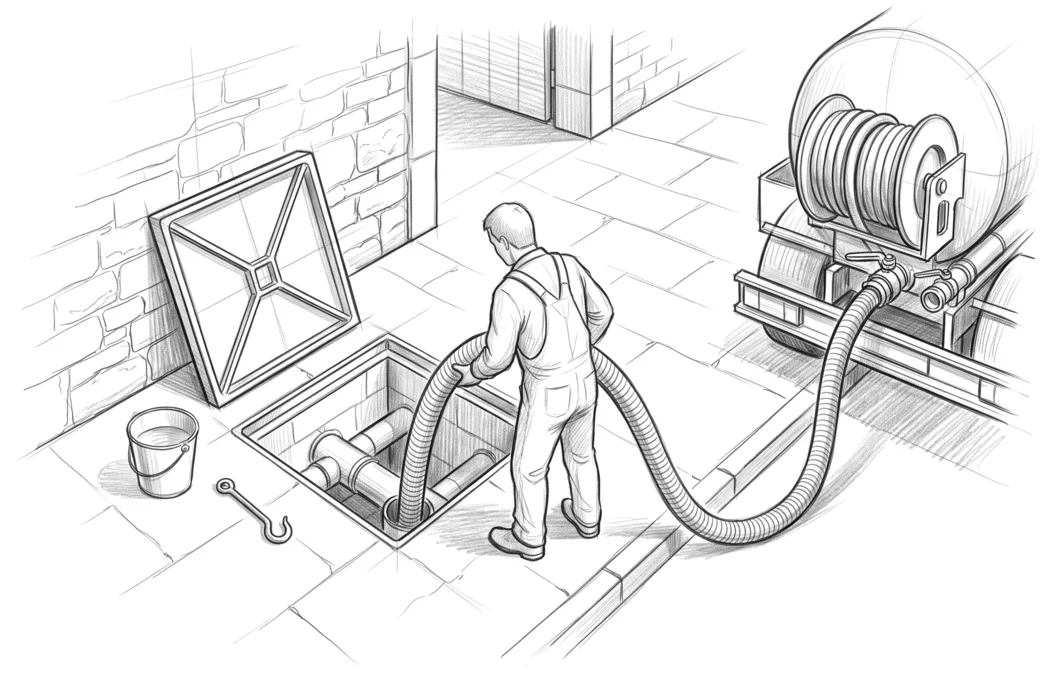 Illustrazione a matita di un pozzetto aperto in un cortile con il tubo dell'autospurgo che scende dentro