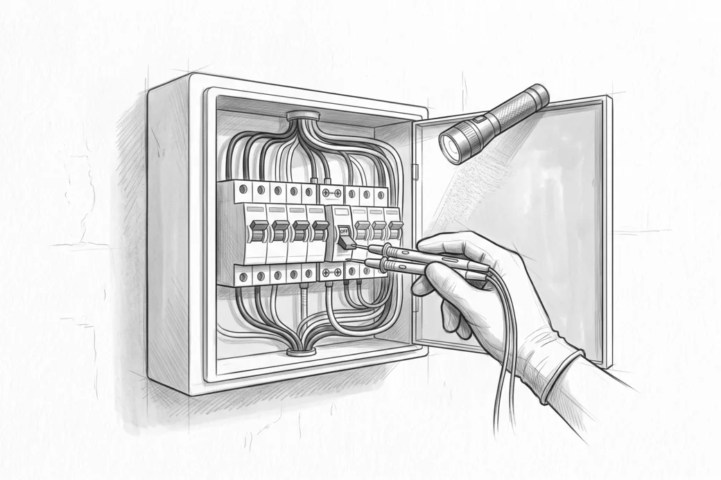 Illustrazione a matita di un quadro elettrico aperto con un interruttore abbassato e una mano che prova un morsetto col tester