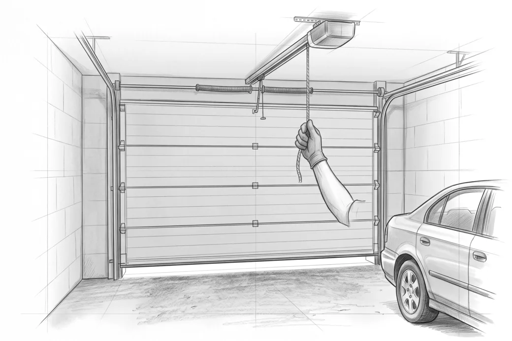 Illustrazione a matita di una mano che tira il cordino di sblocco appeso alla guida del motore, dentro un garage con la basculante chiusa