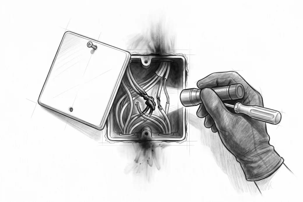 Illustrazione a matita di una scatola di derivazione aperta con due fili anneriti e fusi e l'alone di fuliggine sul muro