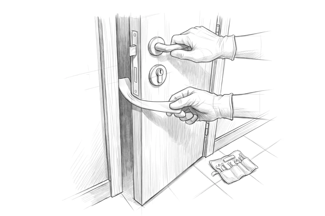 Illustrazione a matita di una lamina sottile infilata tra porta e telaio all'altezza dello scrocco, con la mano sulla maniglia e la serratura intatta