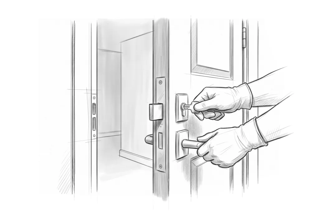 Illustrazione a matita di una porta socchiusa con il catenaccio bloccato a metà sul frontale e una mano che gira la chiave nel cilindro