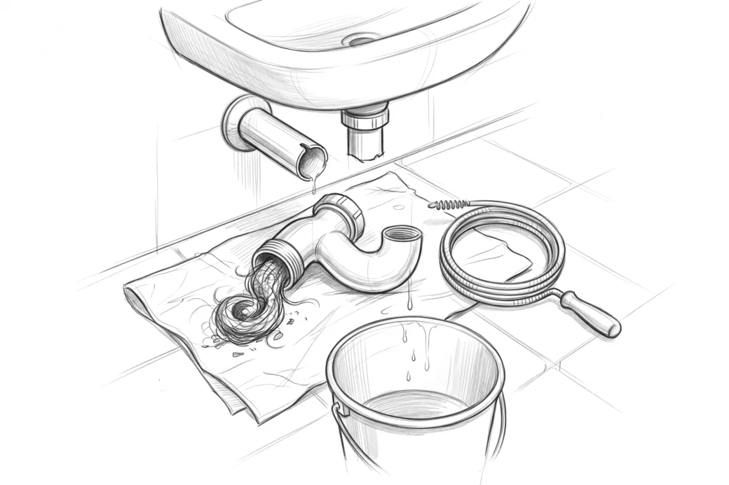 Illustrazione a matita di un sifone smontato sotto il lavandino con il grumo di residui estratto e la sonda accanto