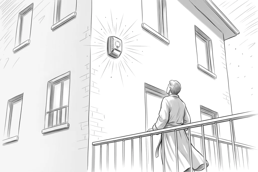 Illustrazione a matita di una sirena esterna accesa su una facciata di notte, con una persona che guarda dal balcone