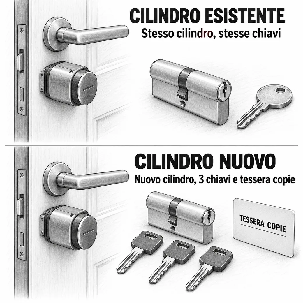 Illustrazione di due soluzioni: cilindro conservato e sistema con nuovo cilindro, tre chiavi e tessera per copie