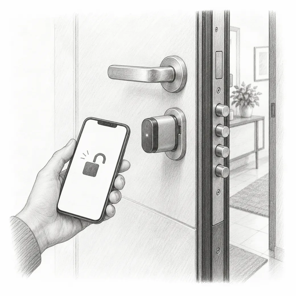 Illustrazione a matita di una persona che usa uno smartphone davanti a una porta dotata di serratura elettronica