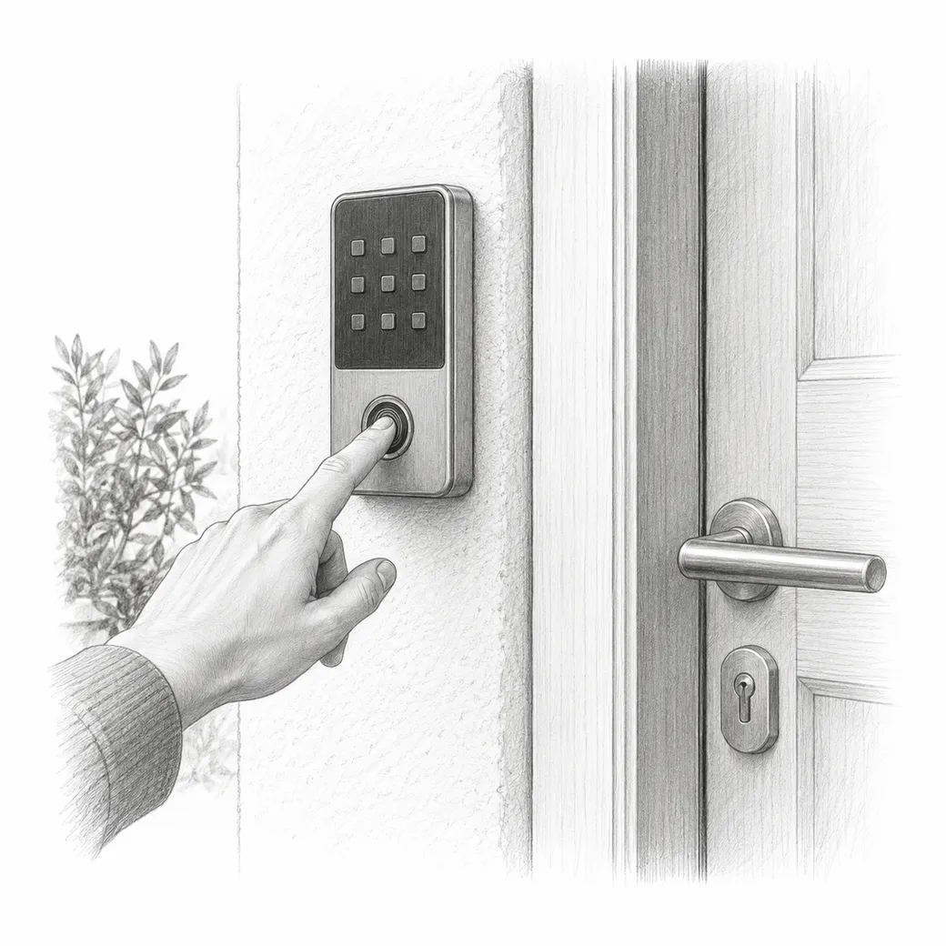 Illustrazione a matita di una mano che usa un lettore di impronta accanto a un tastierino sulla porta
