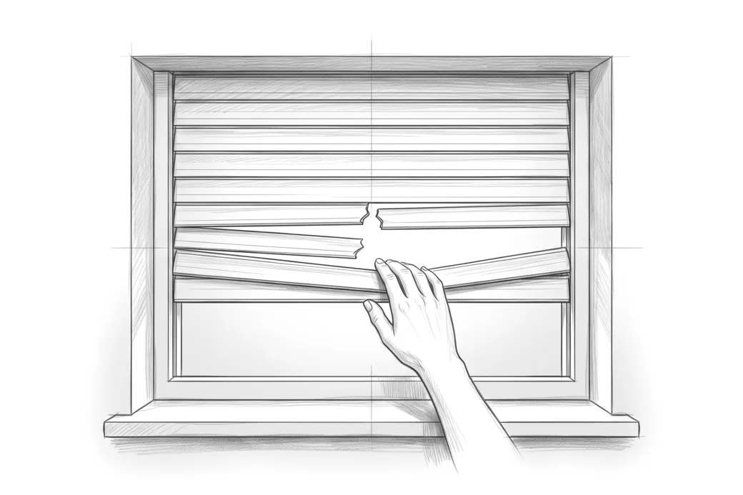 Illustrazione a matita di una tapparella vista dall’interno con due stecche rotte e la luce che filtra