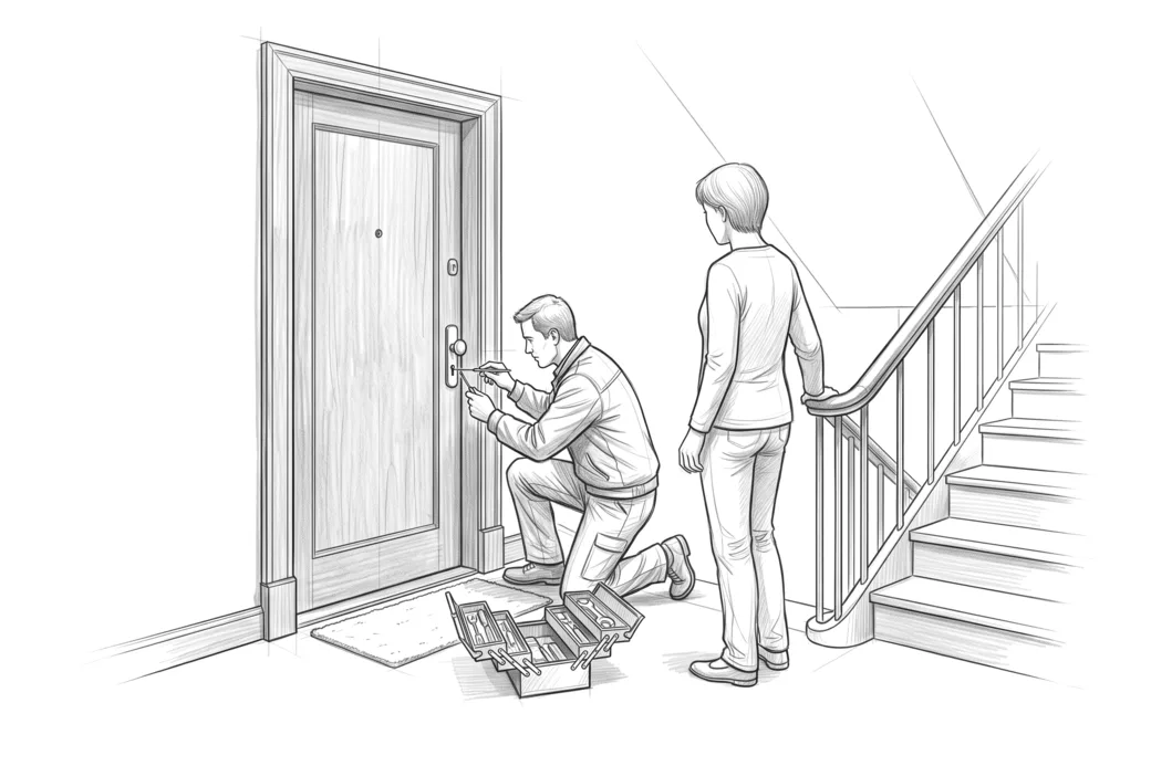 Illustrazione a matita di un tecnico inginocchiato che apre la porta di casa sul pianerottolo, con chi abita l’appartamento che aspetta accanto alla ringhiera