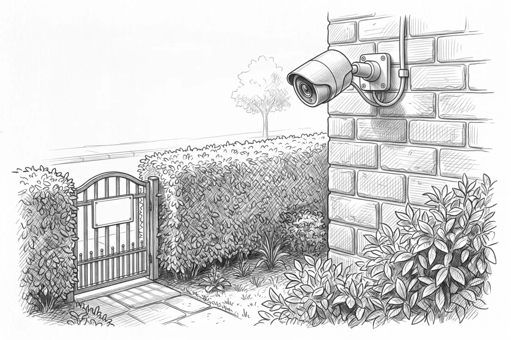Illustrazione a matita di una telecamera all’angolo di una casa orientata verso il giardino, con la siepe di confine in primo piano