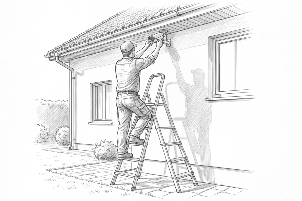 Illustrazione a matita di un tecnico su una scala che orienta una telecamera sotto la gronda di una casa