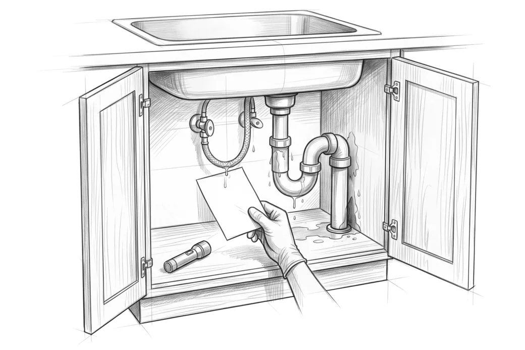 Illustrazione a matita del mobile sotto il lavello aperto con i tre punti da cui esce l'acqua e una mano che infila un foglio sotto il flessibile
