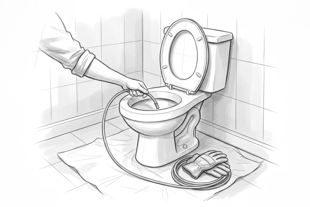 Illustrazione a matita di un wc con telo di protezione, guanti e sonda flessibile pronta per l'intervento